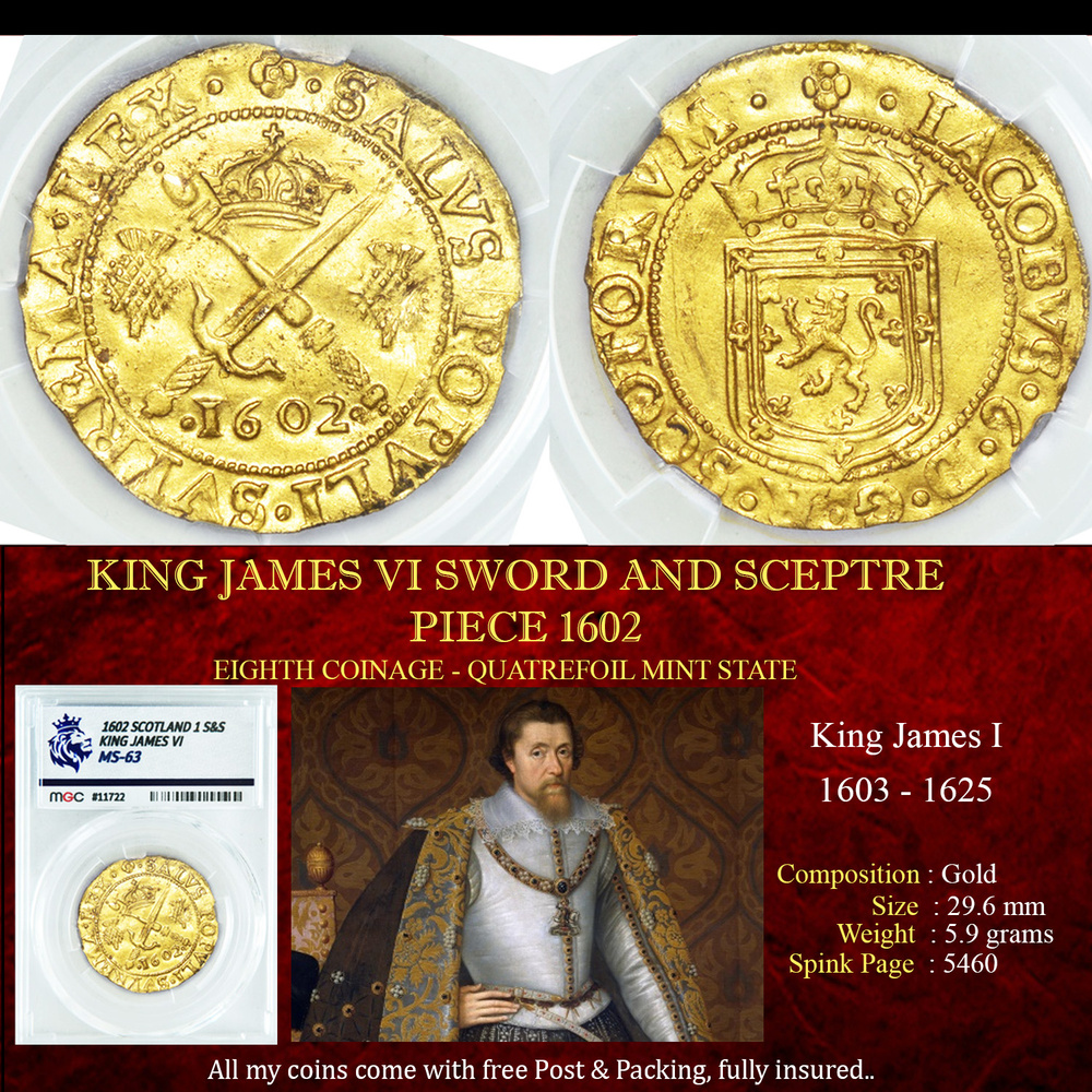 KING JAMES VI SWORD & SCEPTRE 1602, MS63