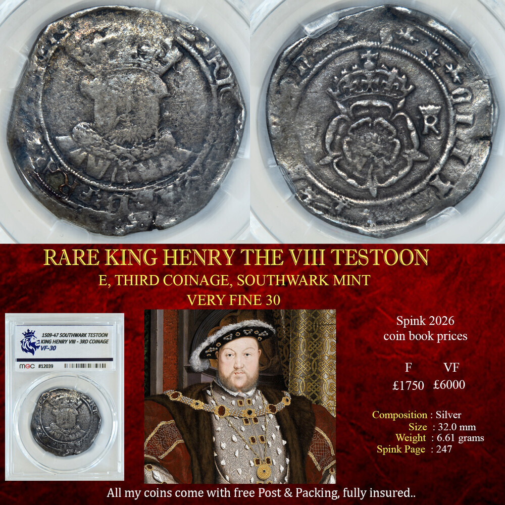 RARE KING HENRY THE VIII TESTOON VF30