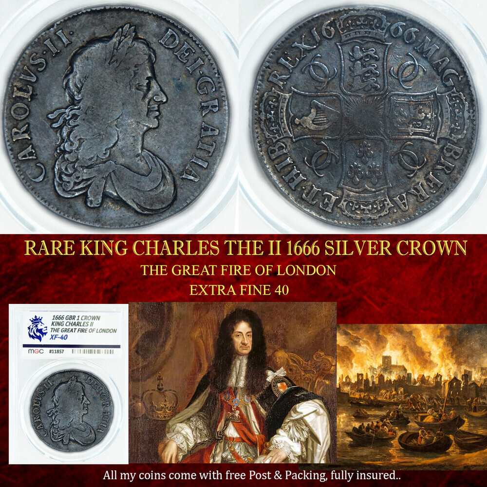 KING CHARLES THE II 1666 SILVER CROWN XF40