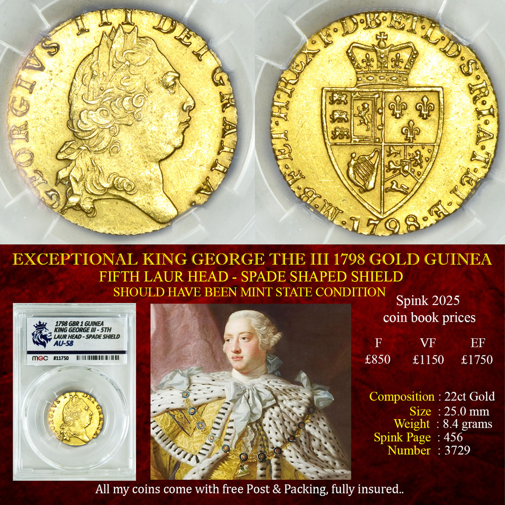 EXCEPTIONAL KING GEORGE THE III 1798 GOLD GUINEA - AU58