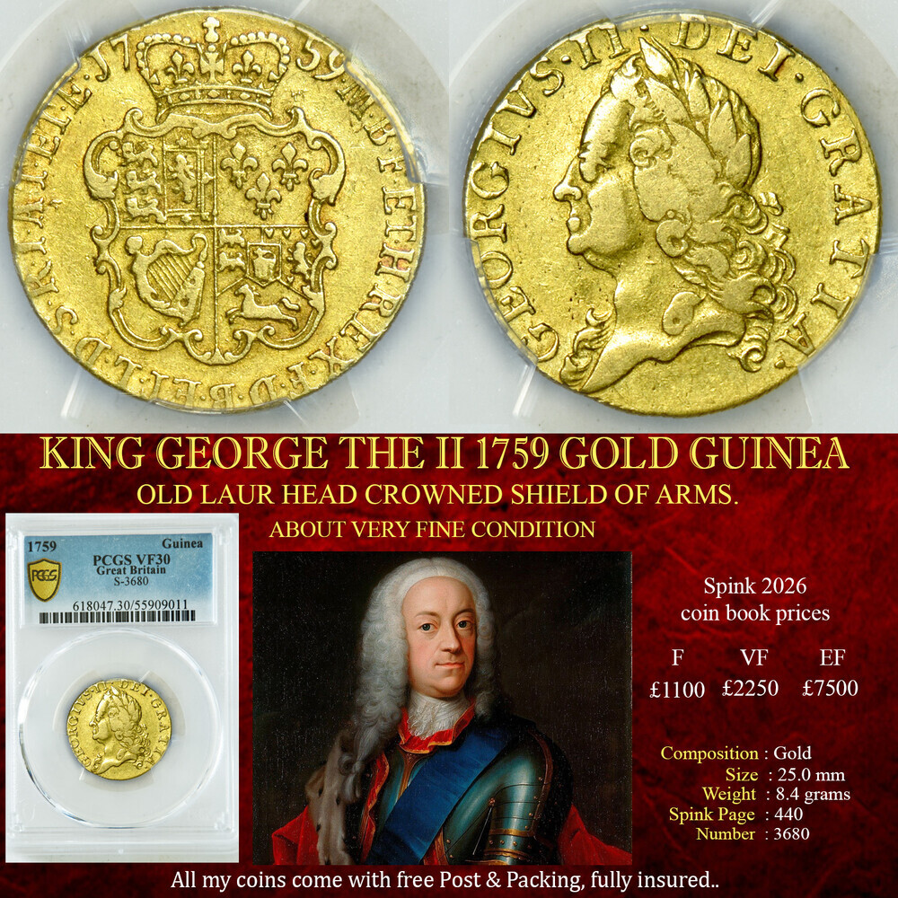 KING GEORGE THE II 1759 GOLD GUINEA VF30