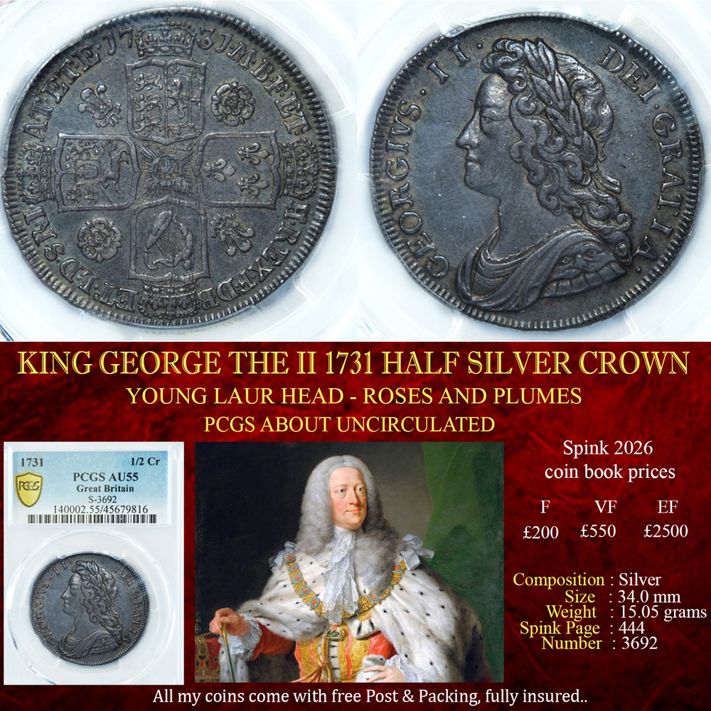KING GEORGE THE II 1731 HALF SILVER CROWN AU55