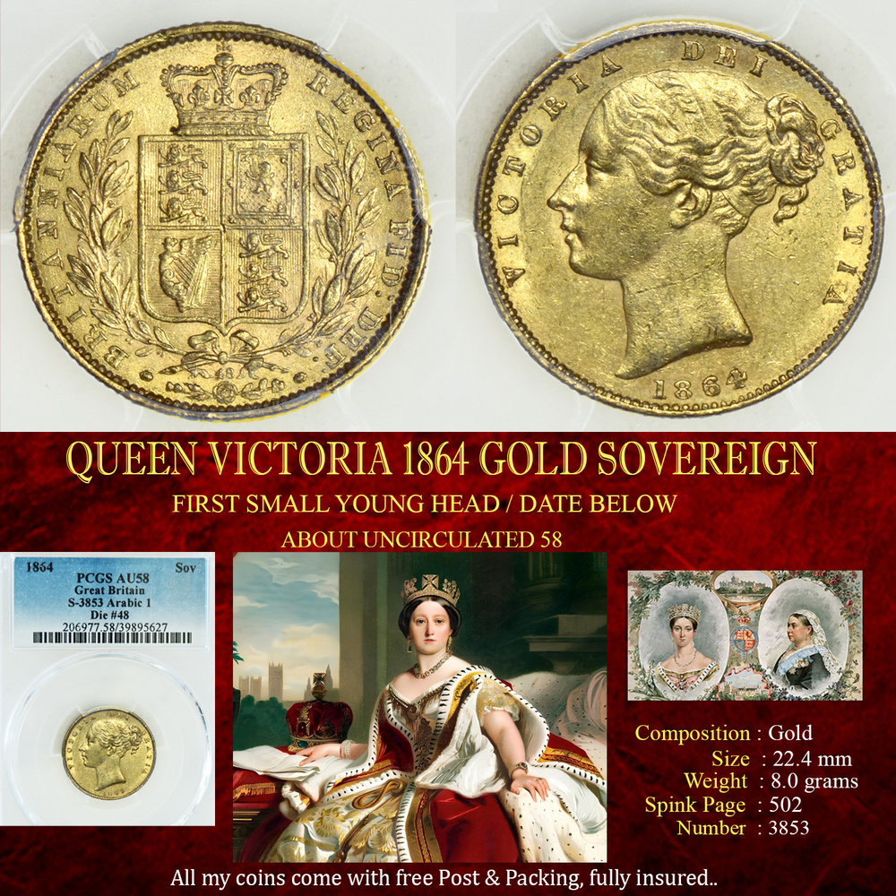 QUEEN VICTORIA 1864 GOLD SOVEREIGN AU58