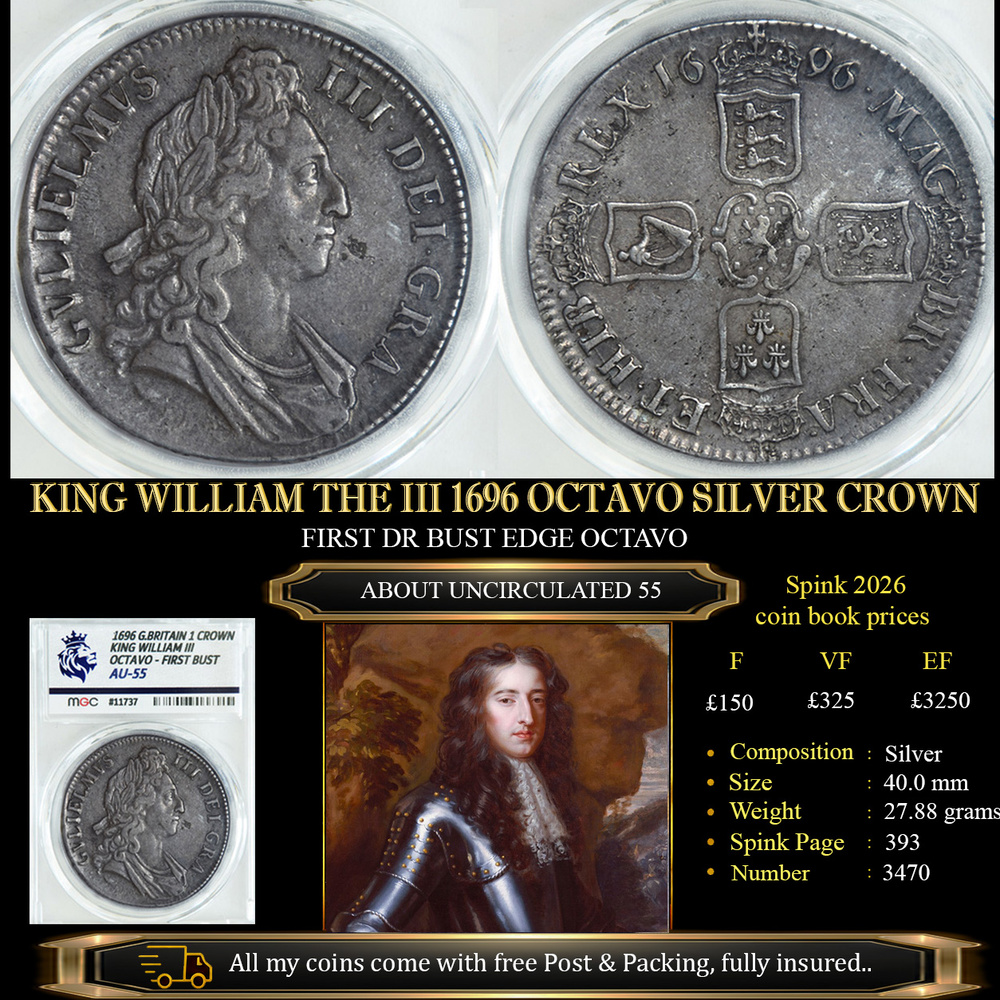 KING WILLIAM THE III 1696 OCTAVO SILVER CROWN AU55