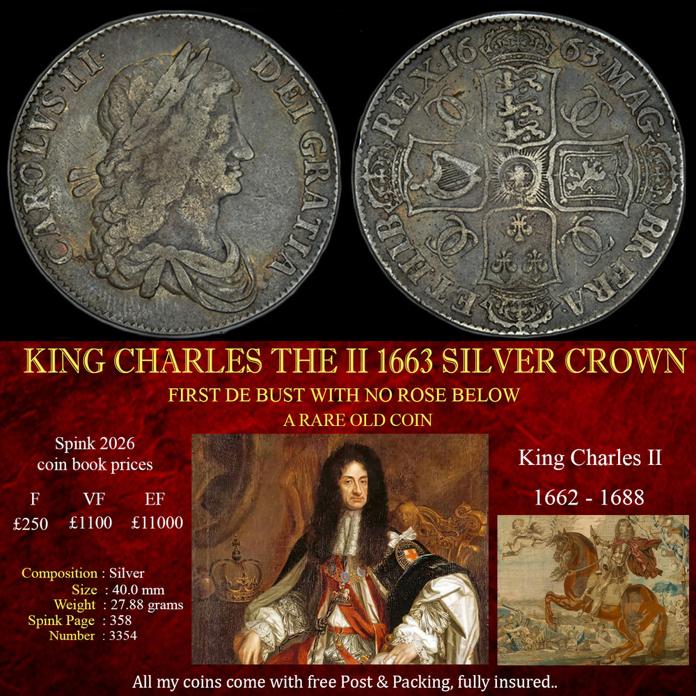 KING CHARLES THE II 1663 SILVER CROWN