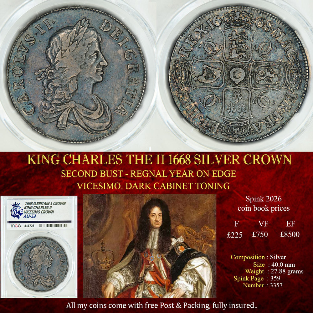 KING CHARLES THE II 1668 SILVER CROWN AU53