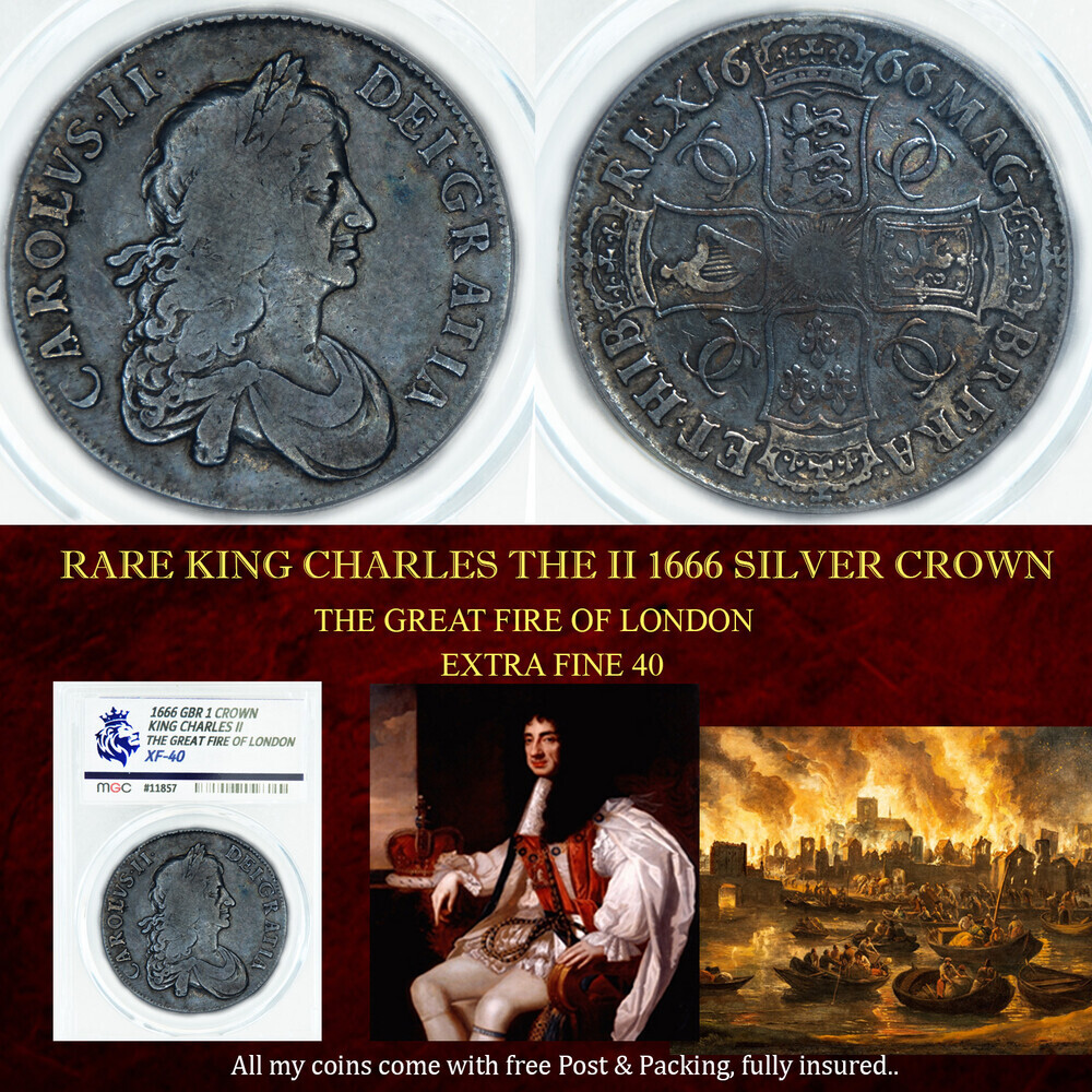 RARE KING CHARLES THE II 1666 SILVER CROWN XF40