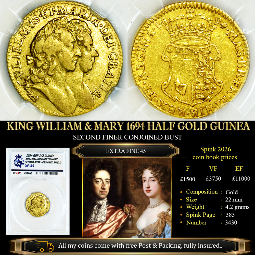 KING WILLIAM MARY 1694 HALF GOLD GUINEA XF45 £3475.00
