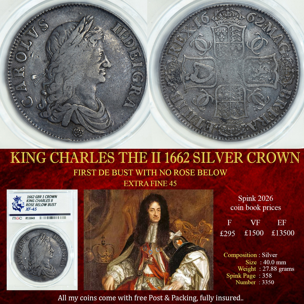 KING CHARLES THE II 1662 SILVER CROWN XF45