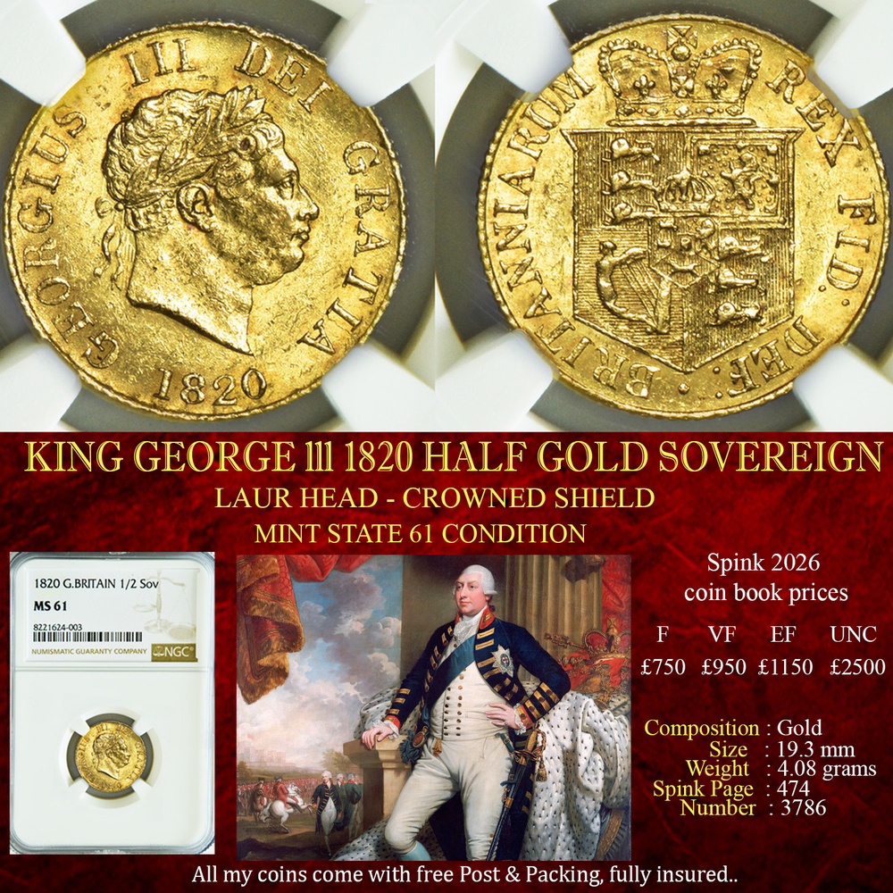 KING GEORGE lll 1820 HALF GOLD SOVEREIGN MINT STATE