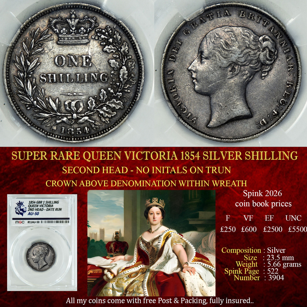 SUPER RARE QUEEN VICTORIA 1854 SILVER SHILLING AU50
