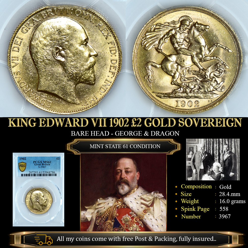 KING EDWARD VII 1902 £2 GOLD SOVEREIGN MS61