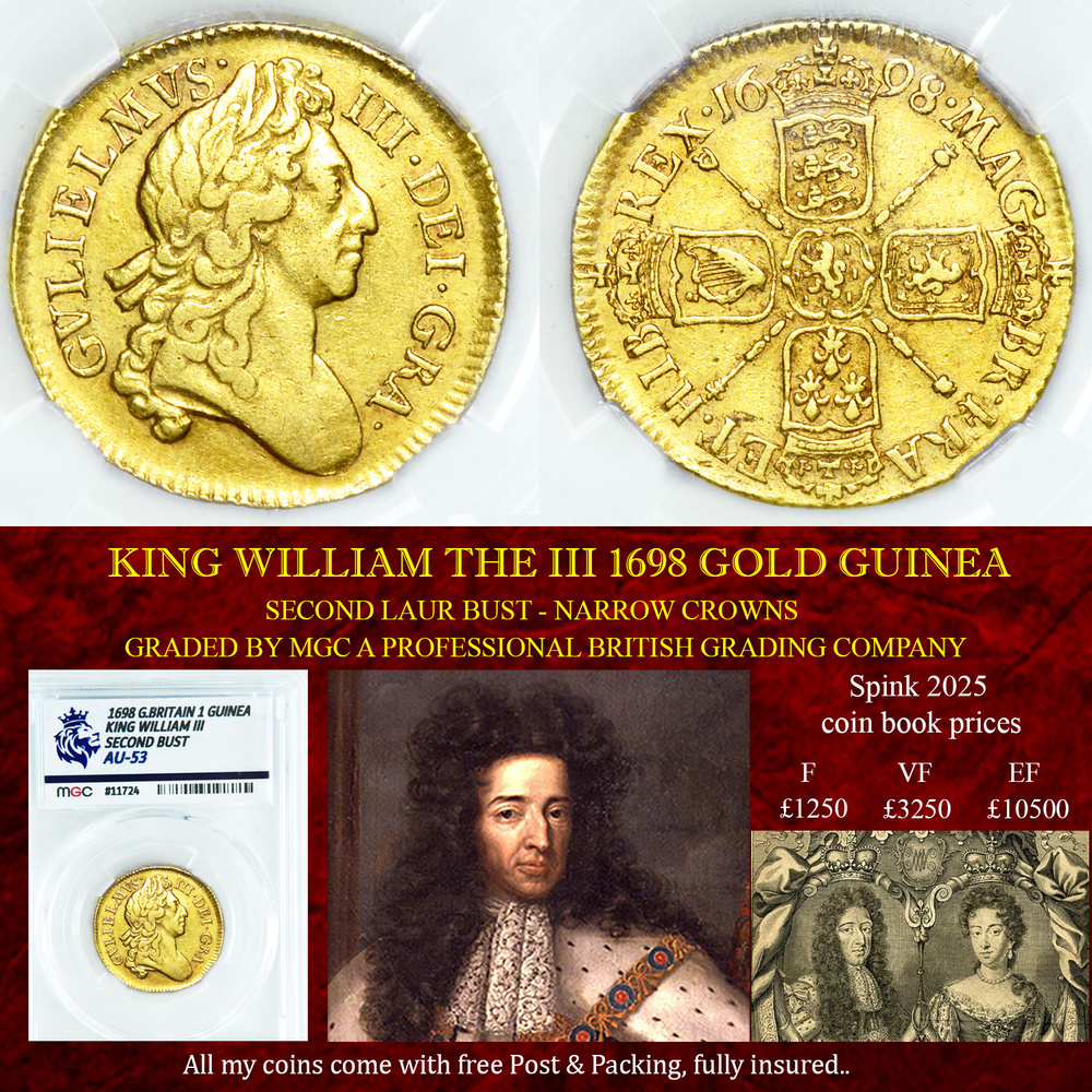 KING WILLIAM THE III 1698 GOLD GUINEA AU53