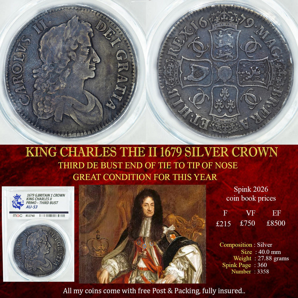 KING CHARLES THE II 1679 SILVER CROWN AU53