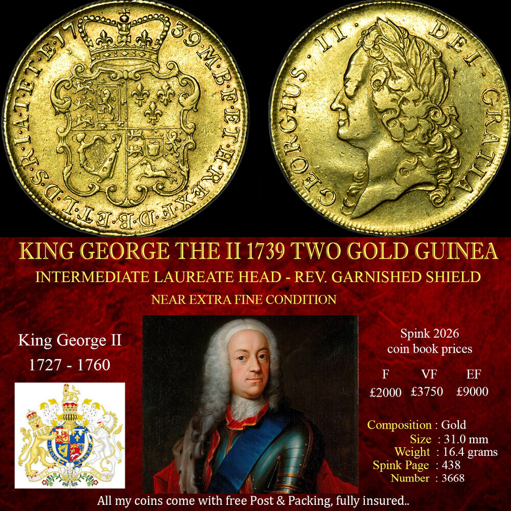 KING GEORGE THE II 1739 TWO GOLD GUINEA