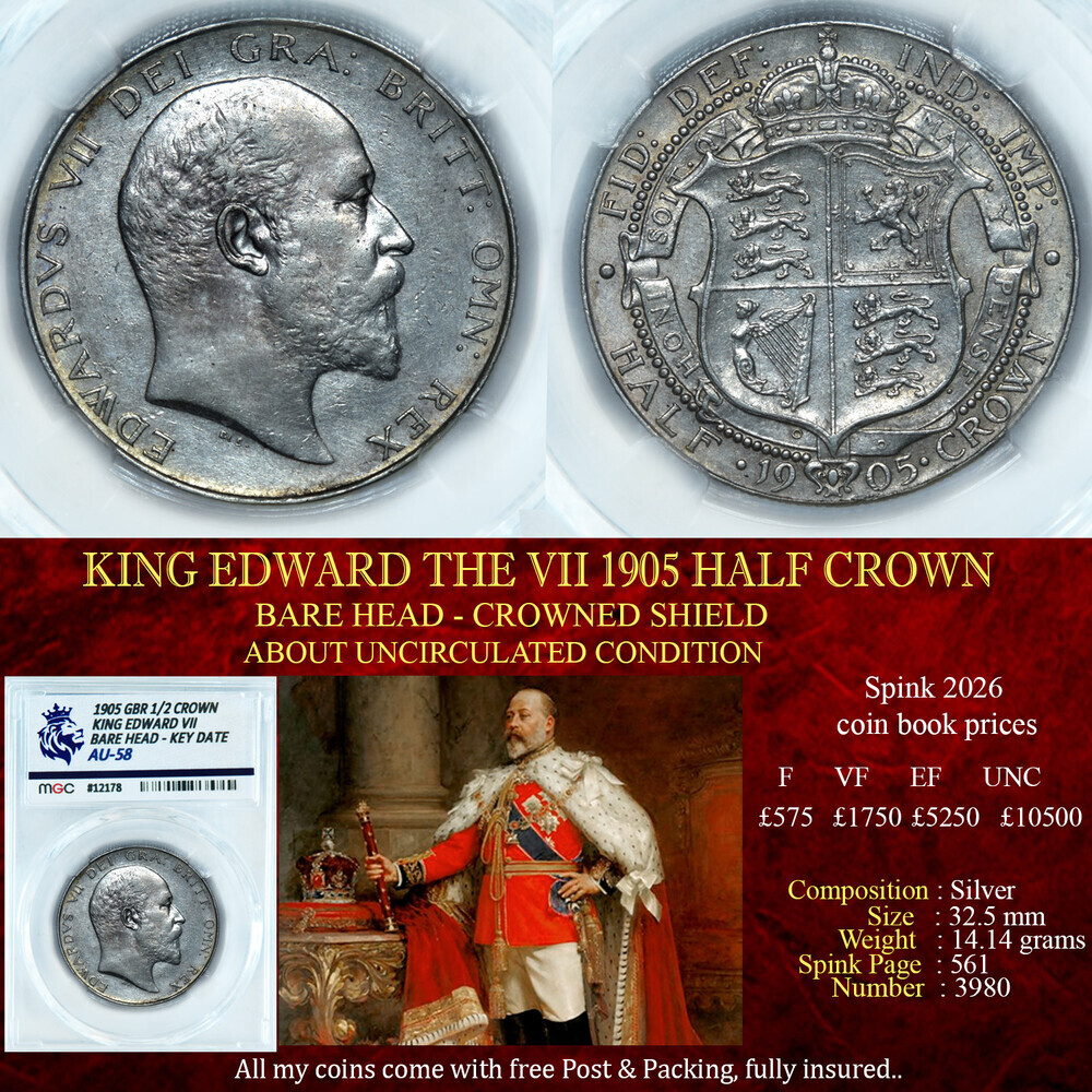 VERY RARE KING EDWARD THE VII 1905 HALF CROWN AU58
