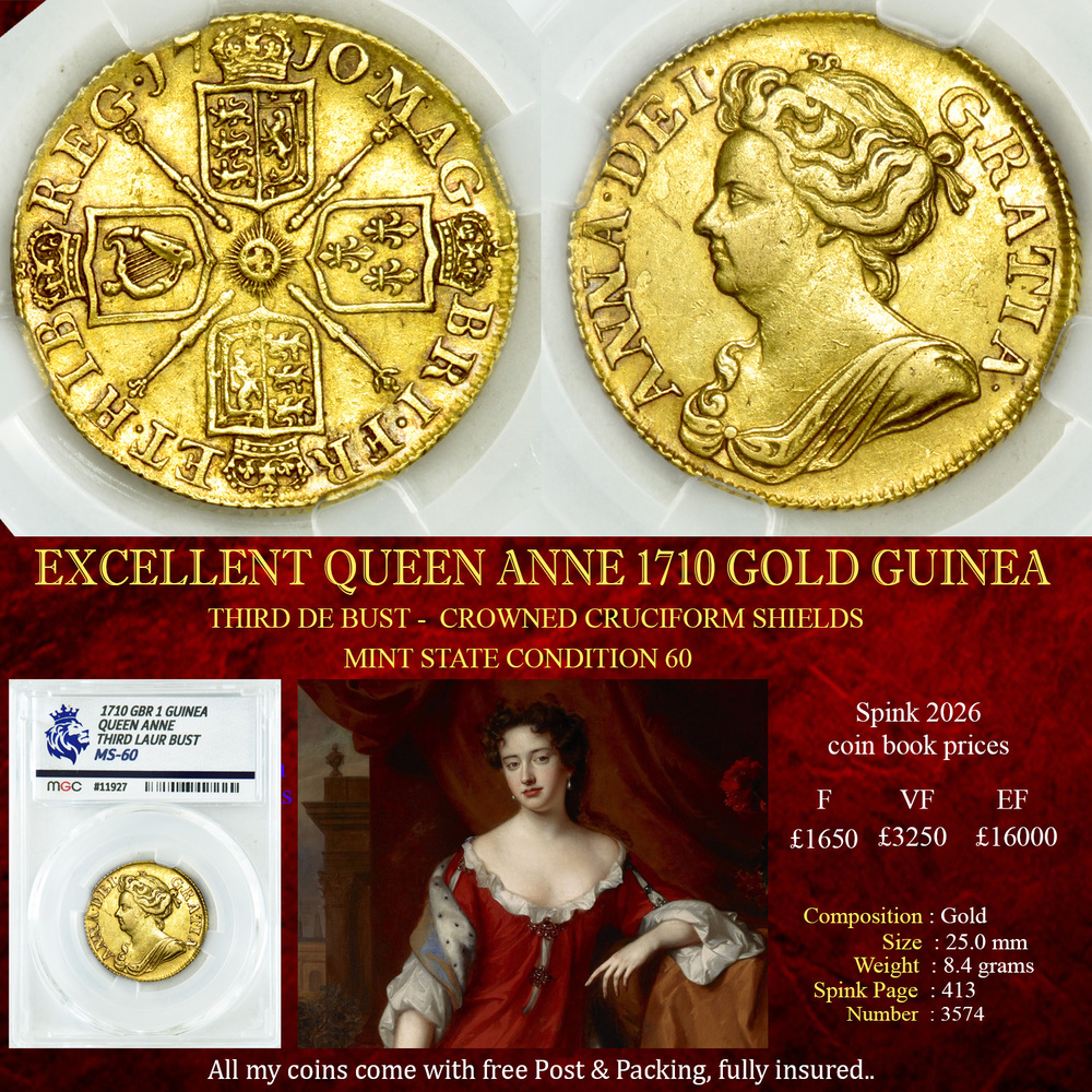 EXCELLENT QUEEN ANNE 1710 GOLD GUINEA MS60