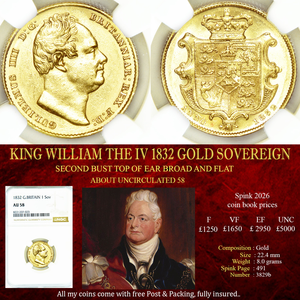 KING WILLIAM THE IV 1832 GOLD SOVEREIGN AU58