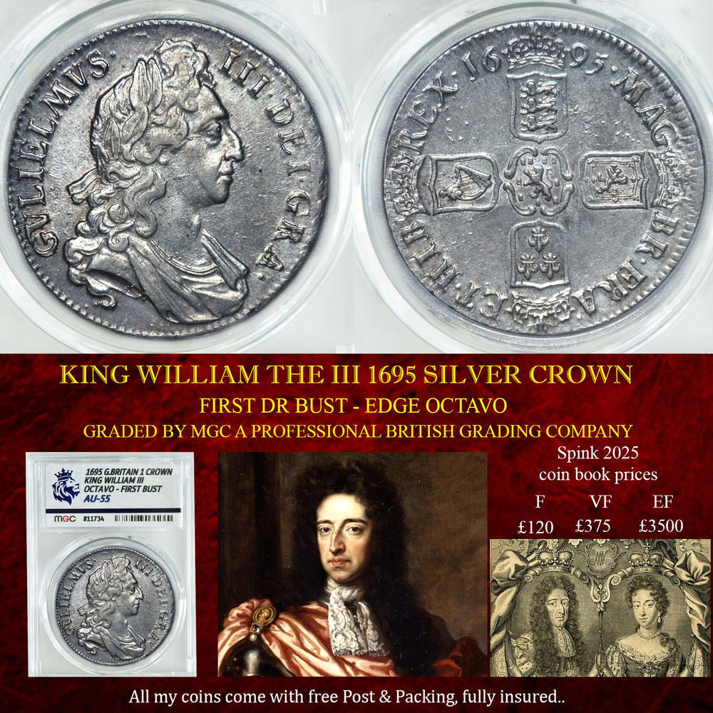 KING WILLIAM THE III 1695 OCTAVO SILVER CROWN AU55