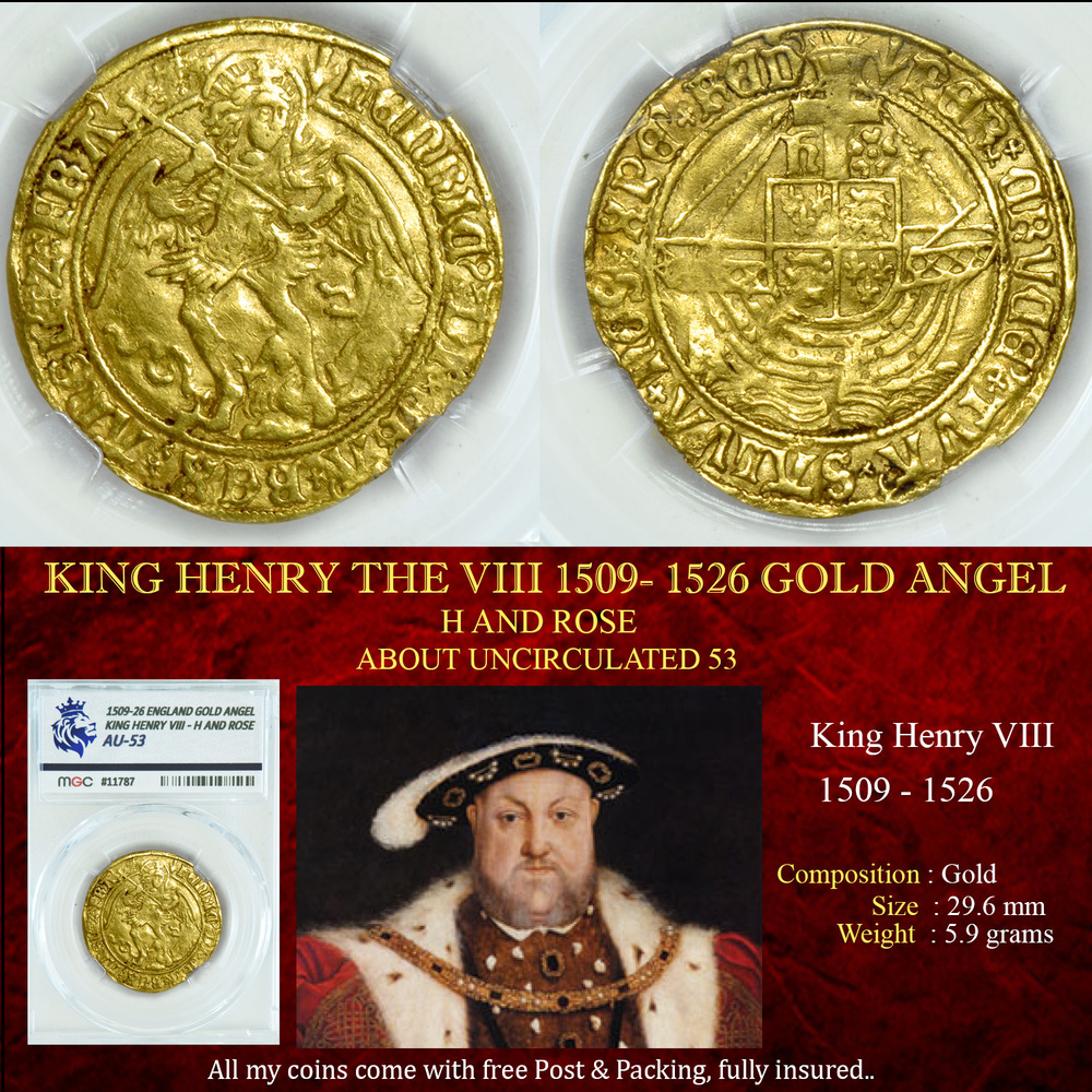 KING HENRY THE VIII 1505- 1509 GOLD ANGEL AU53