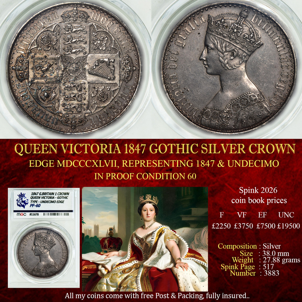 QUEEN VICTORIA 1847 GOTHIC SILVER CROWN PF60