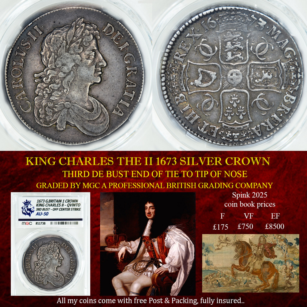 KING CHARLES THE II 1673 SILVER CROWN AU50