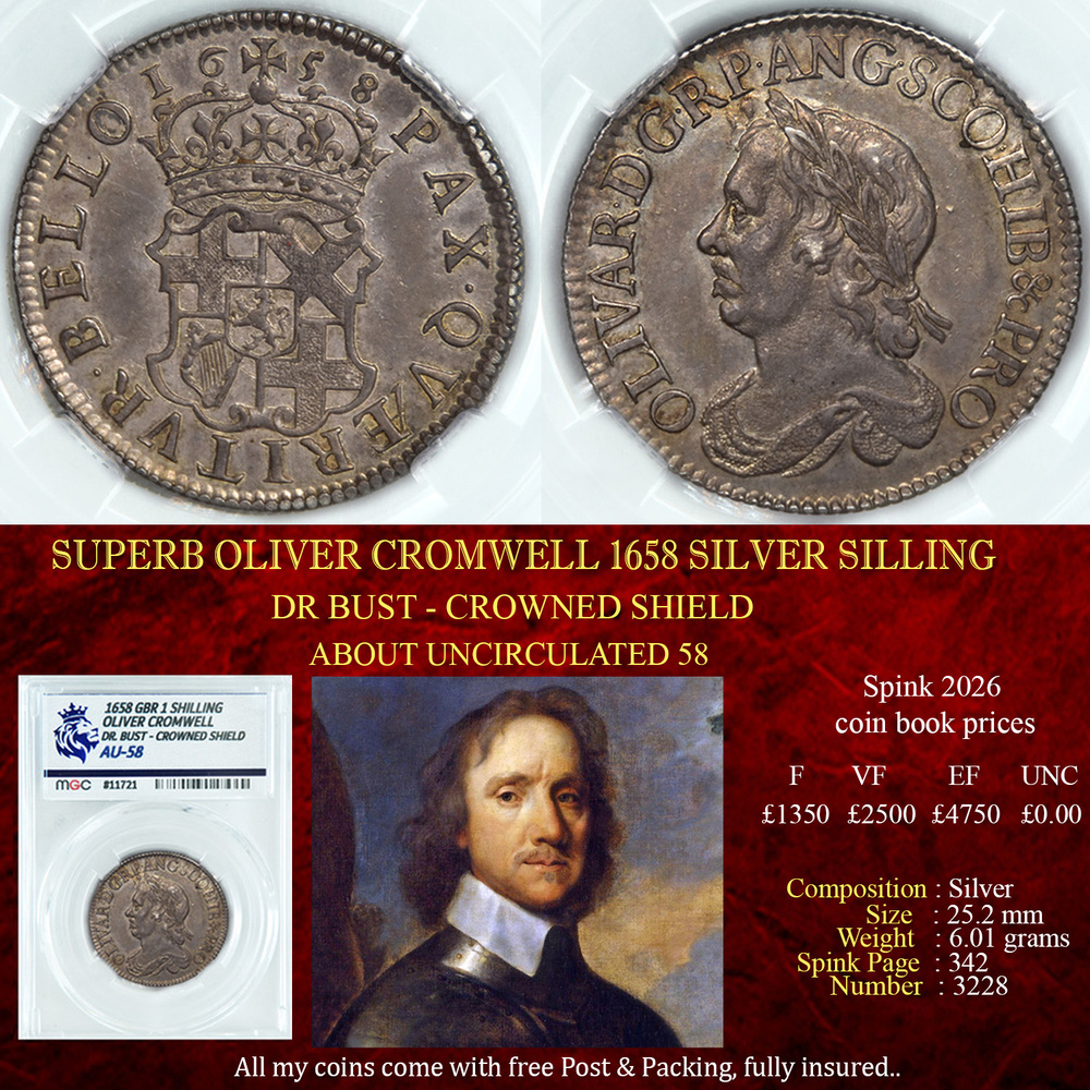 SUPERB OLIVER CROMWELL 1658 SILVER SHILLING AU58