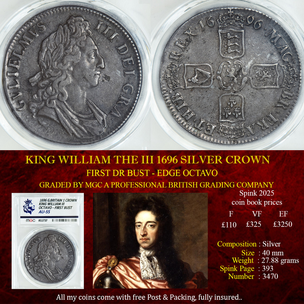 KING WILLIAM THE III 1696 OCTAVO SILVER CROWN AU55