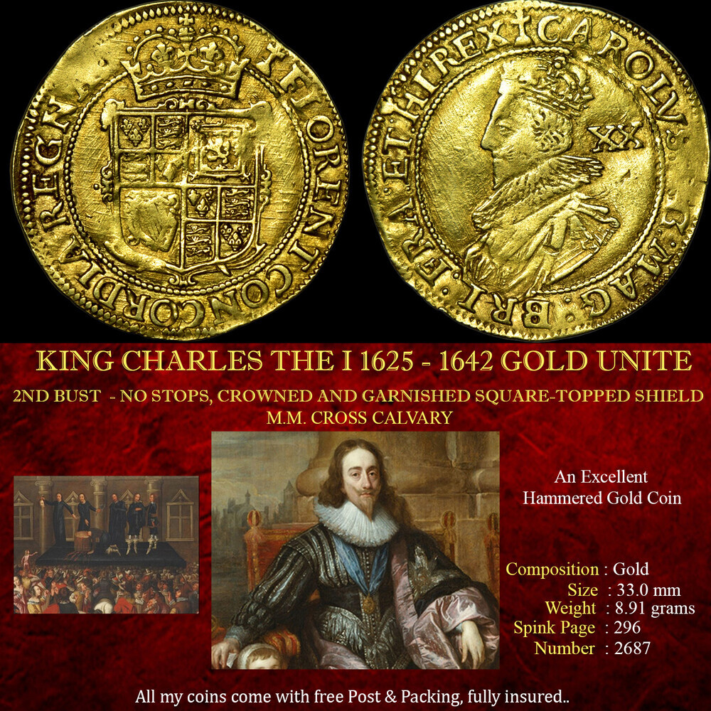 EXCELLENT KING CHARLES THE I 1625 - 1642 GOLD UNITE