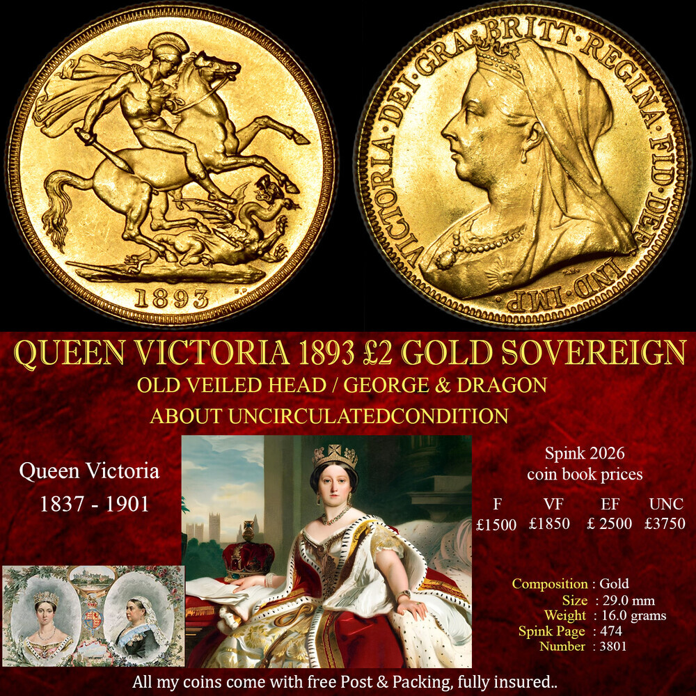 SUPERB QUEEN VICTORIA 1893 £2 GOLD SOVEREIGN