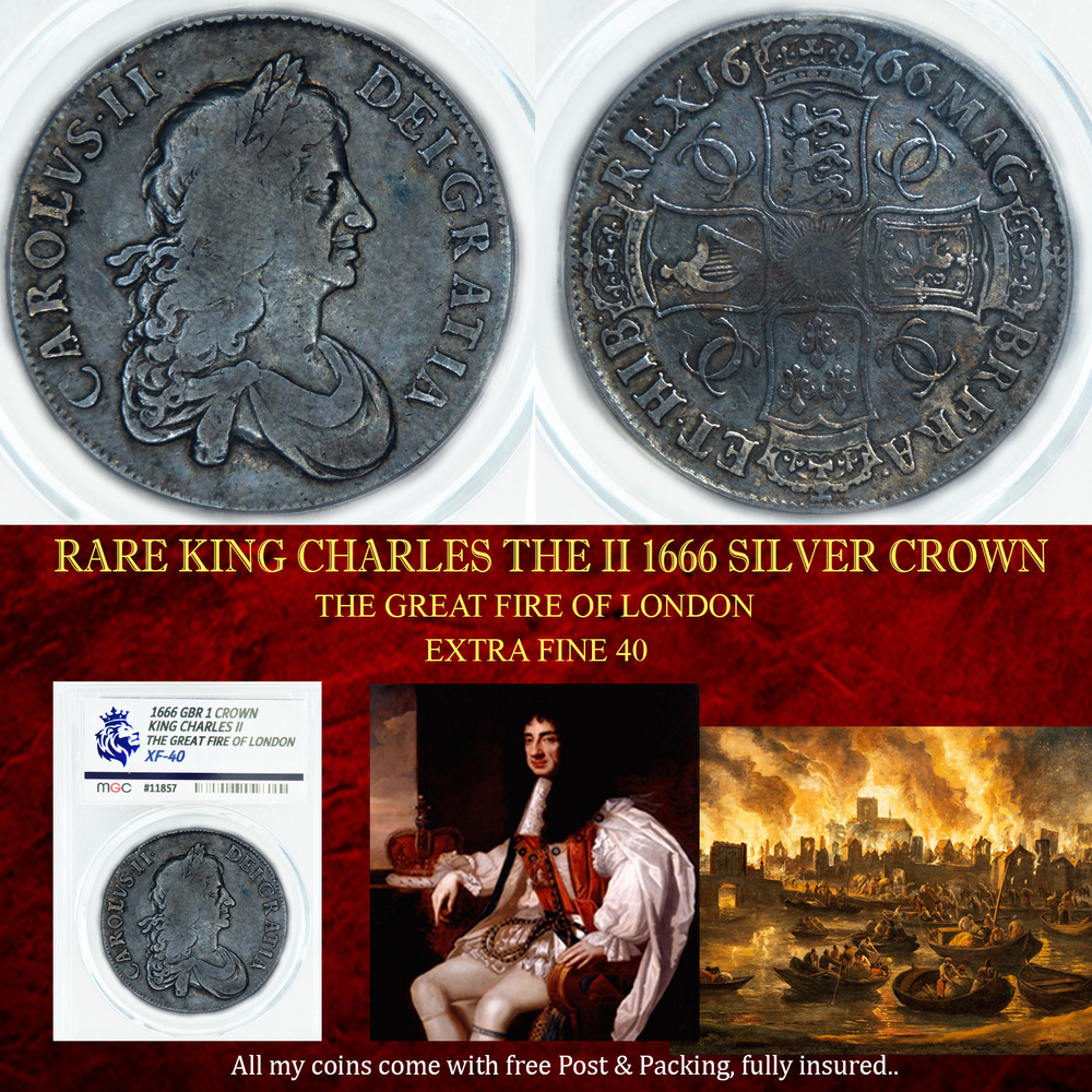 RARE KING CHARLES THE II 1666 SILVER CROWN XF40
