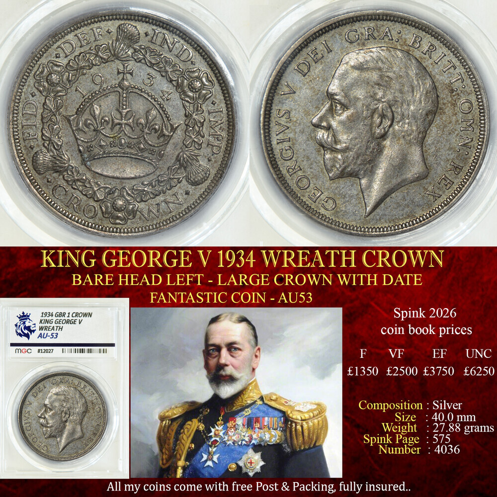KING GEORGE V 1934 WREATH CROWN AU53