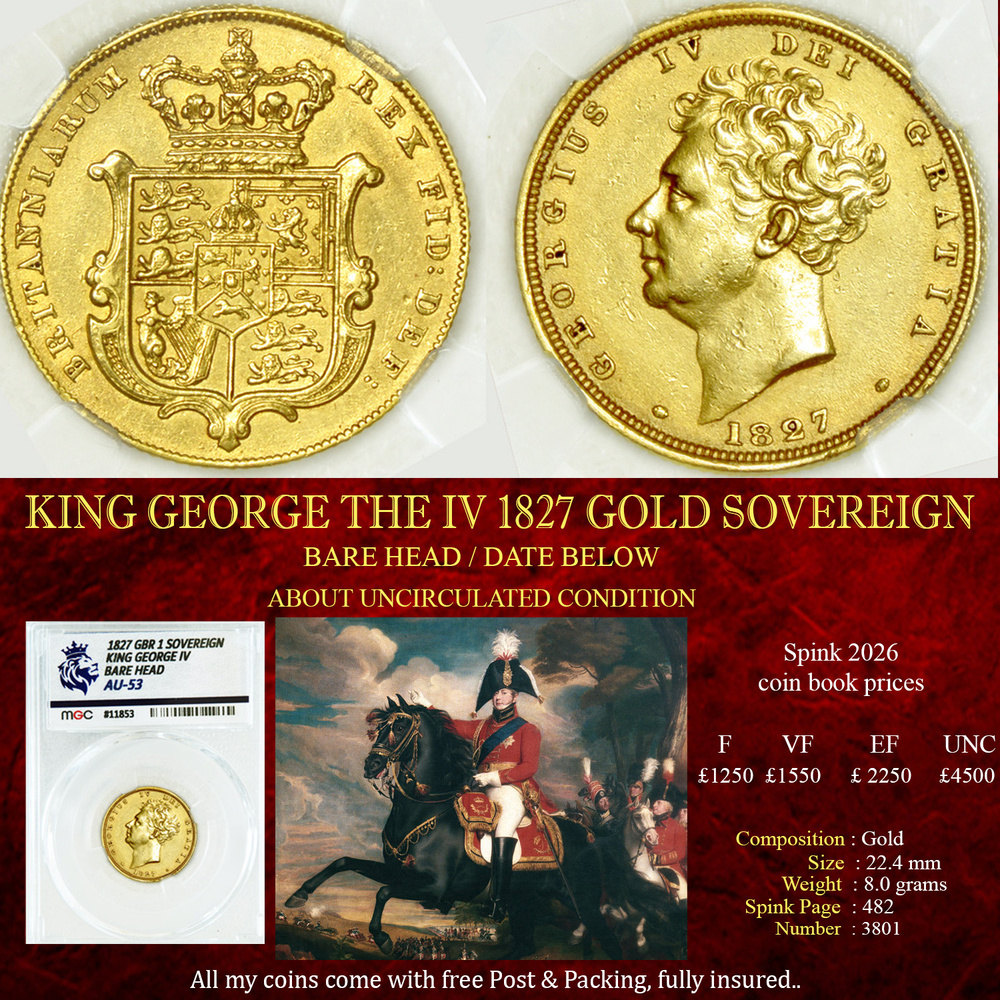 KING GEORGE THE IIII 1827 GOLD SOVEREIGN AU53