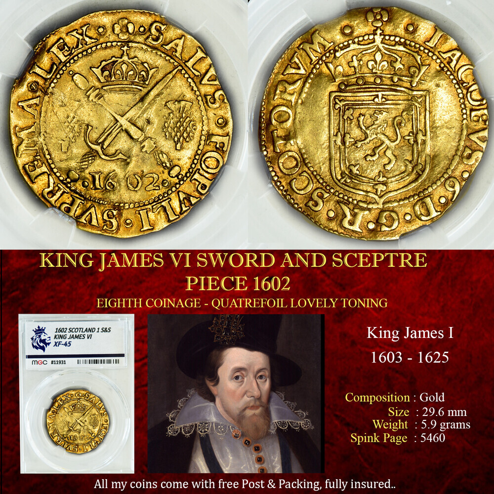 KING JAMES VI SWORD AND SCEPTRE 1602 PIECE XF45