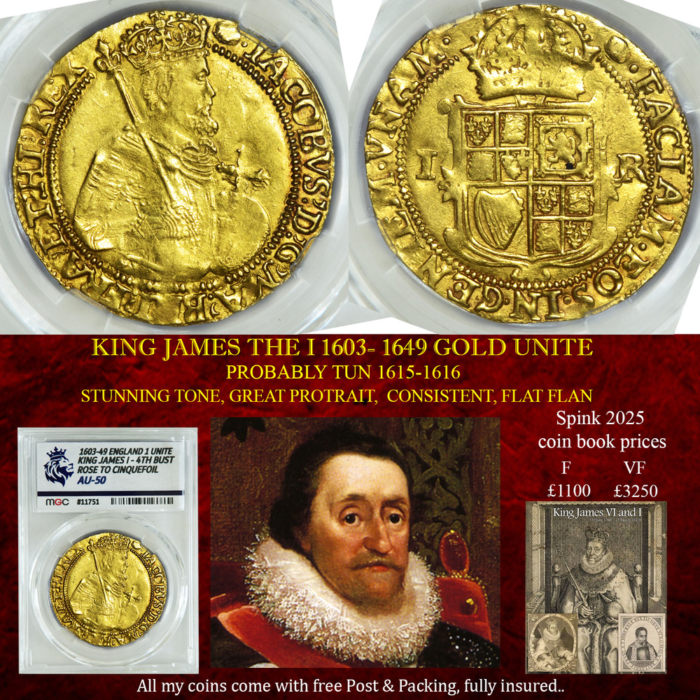VERY NICE KING JAMES THE I 1603- 1649 GOLD UNITE AU50