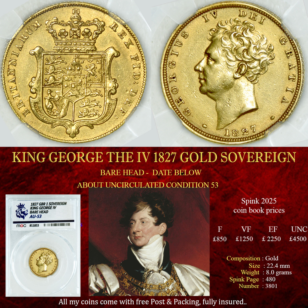 KING GEORGE THE IV 1827 GOLD SOVEREIGN AU53