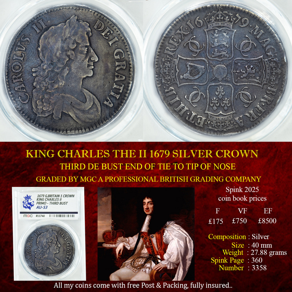 KING CHARLES THE II 1679 SILVER CROWN AU53