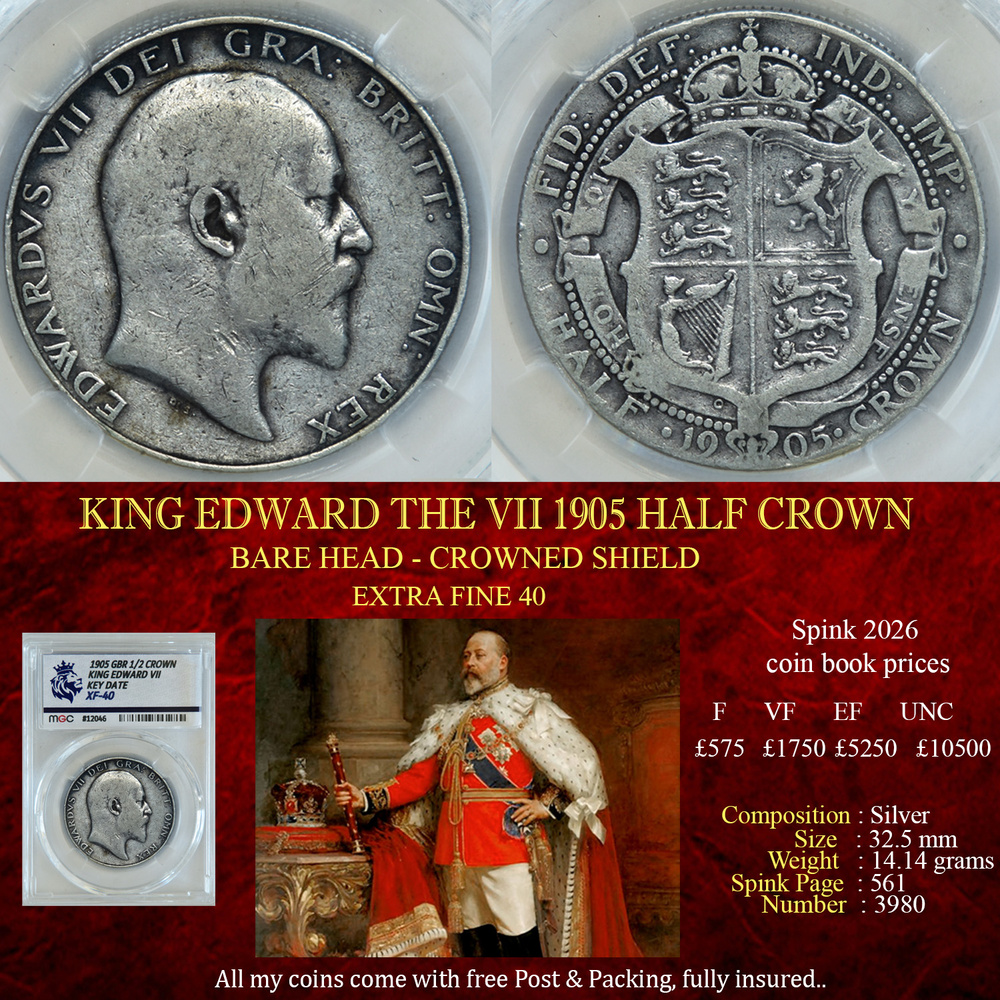 VERY RARE KING EDWARD THE VII 1905 HALF CROWN XF40