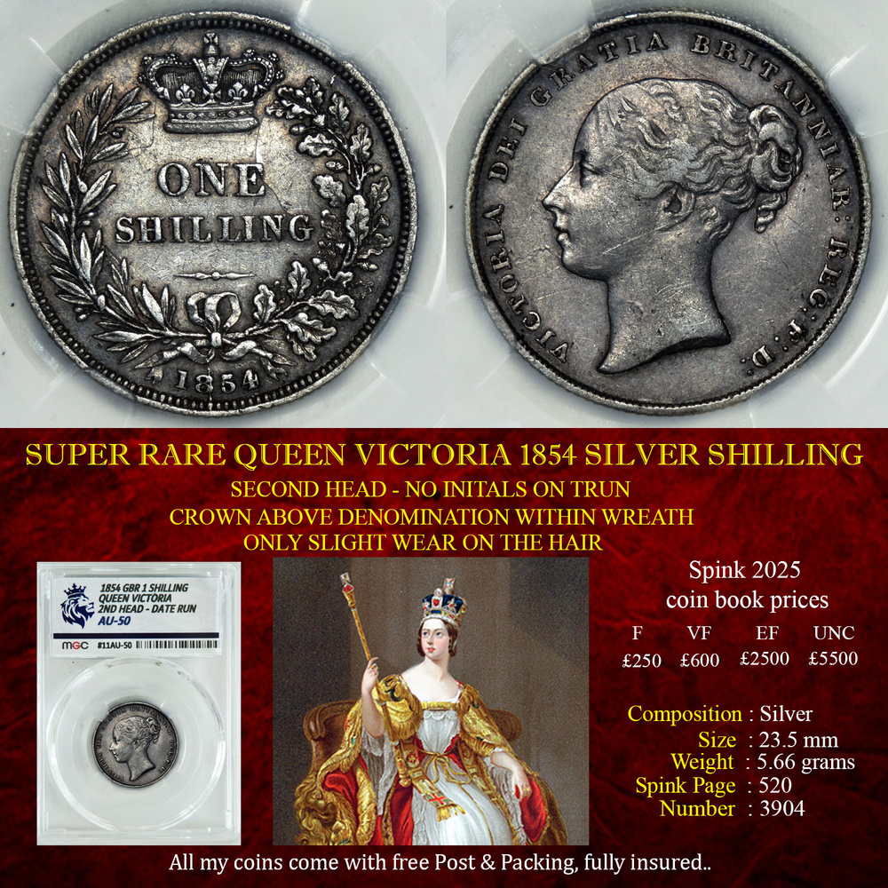 SUPER RARE QUEEN VICTORIA 1854 SILVER SHILLING AU50