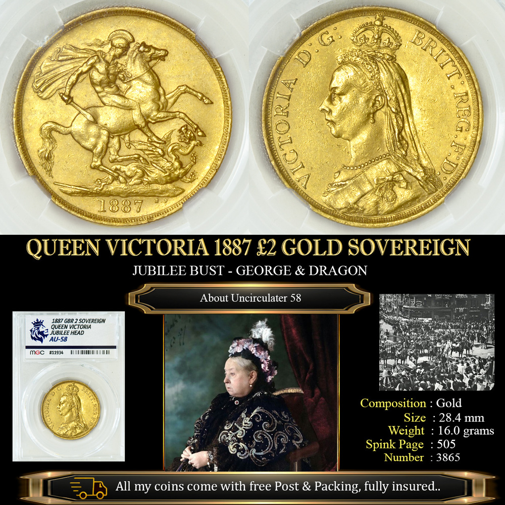 QUEEN VICTORIA 1887 £2 GOLD SOVEREIGN AU58 £2450.00