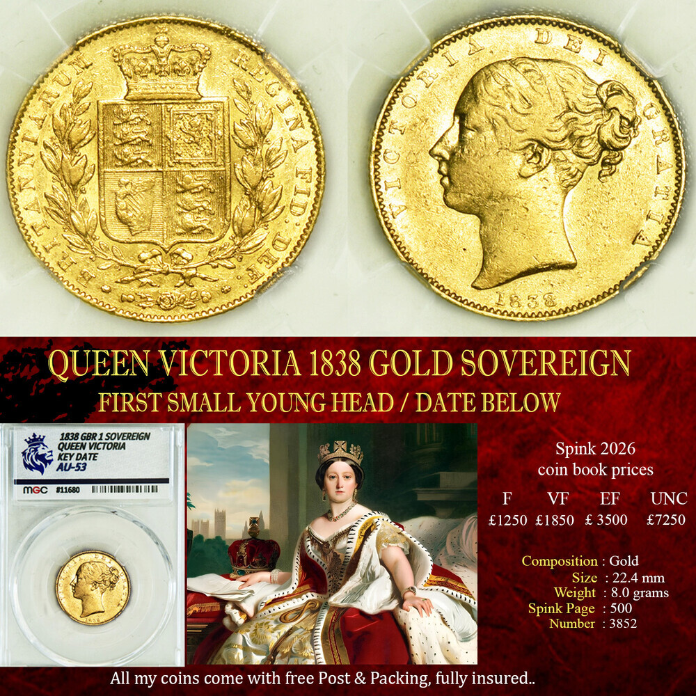 QUEEN VICTORIA 1838 GOLD SOVEREIGN AU53