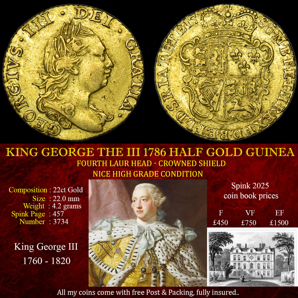 KING GEORGE THE Ill 1786 HALF GOLD GUINEA