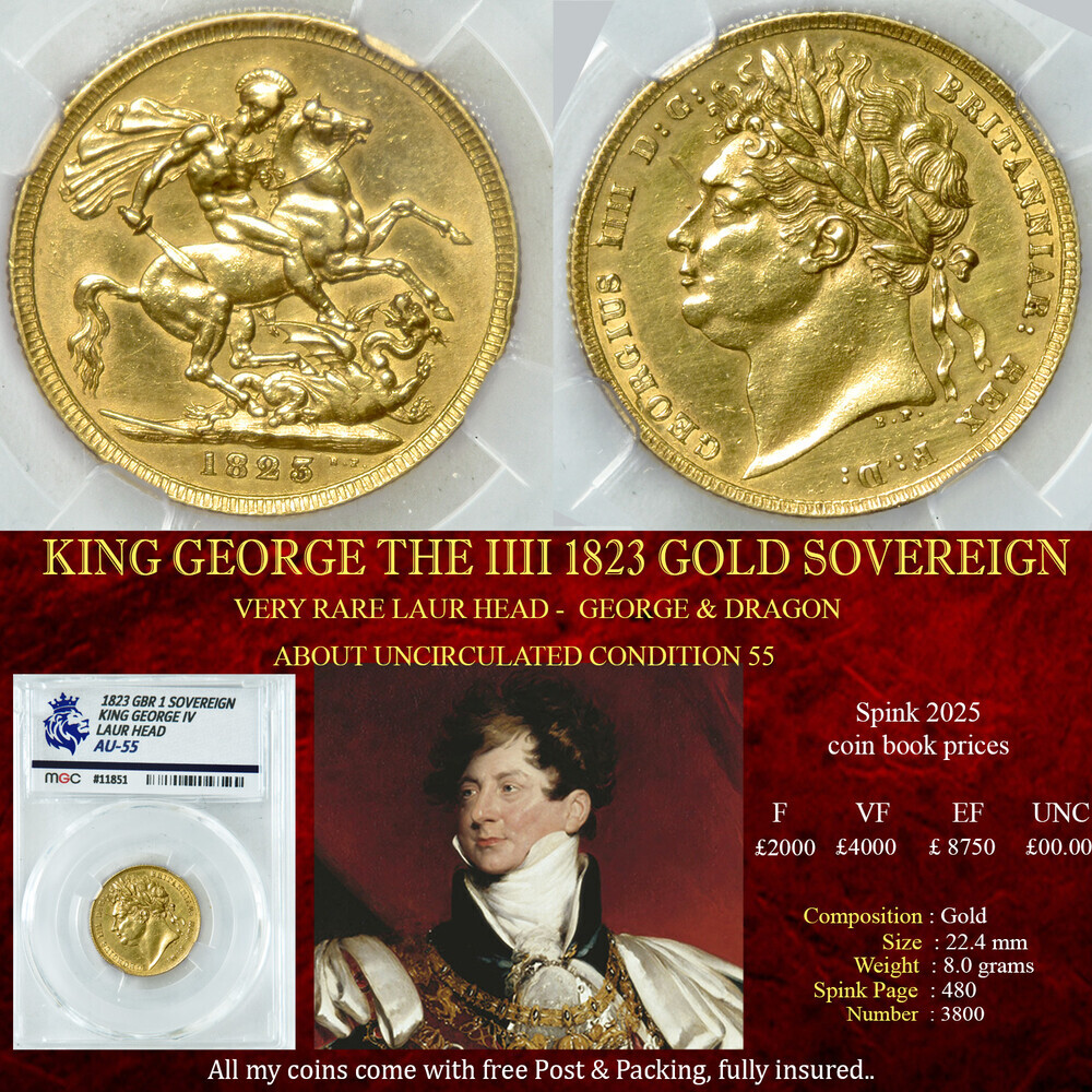 VERY RARE KING GEORGE THE IIII 1823 GOLD SOVEREIGN AU55