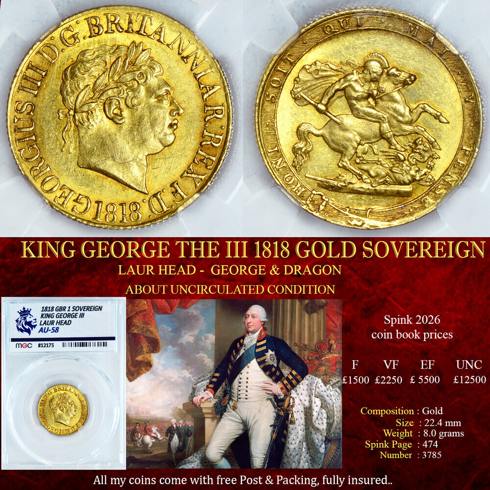 RARE KING GEORGE THE IIII 1818 GOLD SOVEREIGN AU58