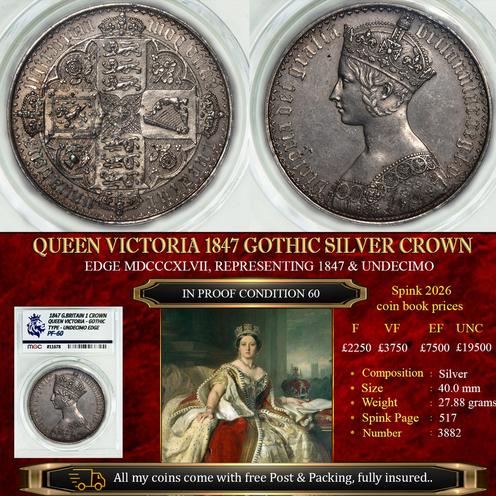 QUEEN VICTORIA 1847 GOTHIC SILVER CROWN PF60