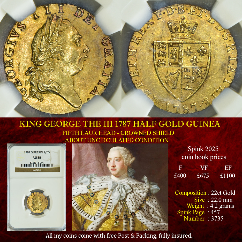 KING GEORGE THE III 1787 HALF GOLD GUINEA - AU58