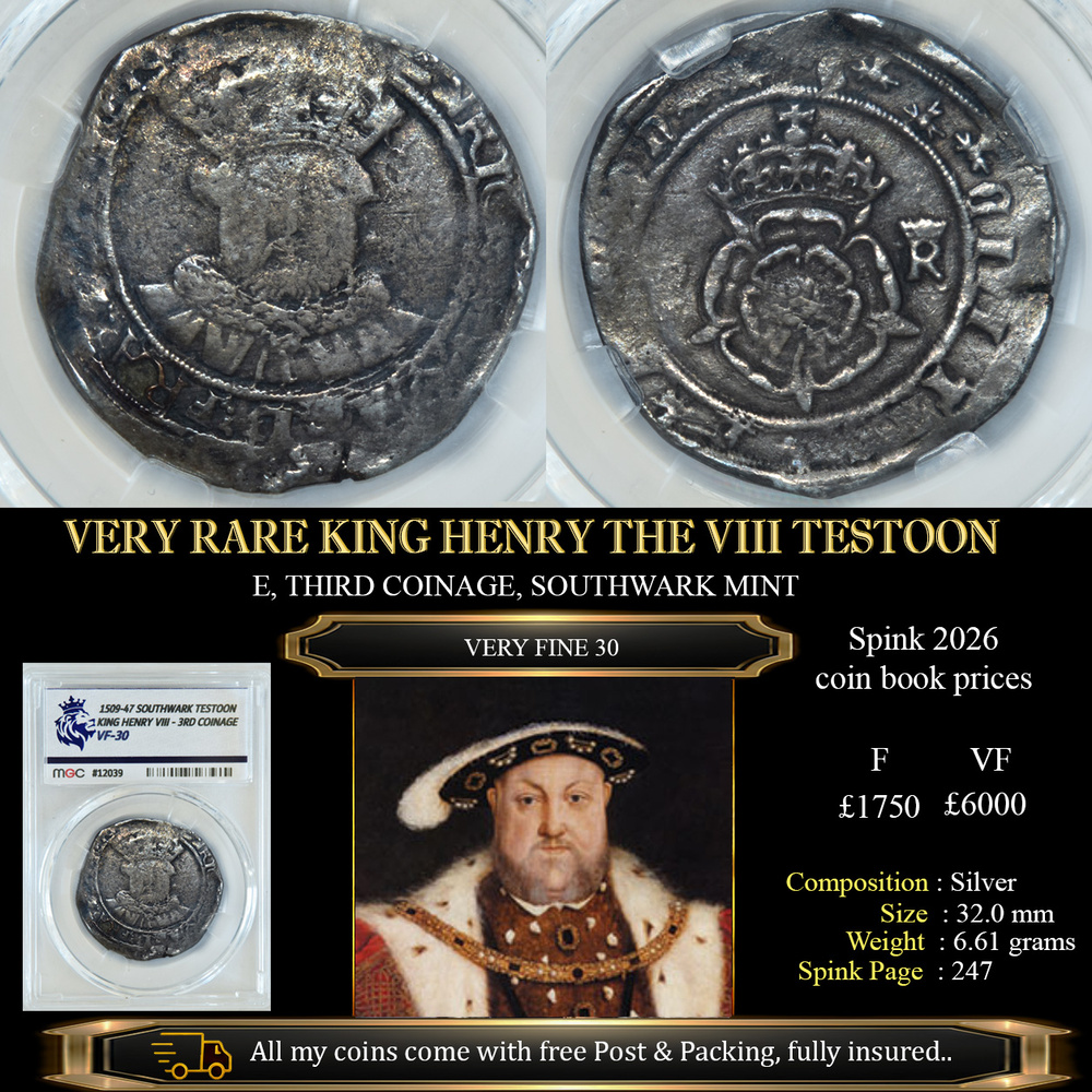 RARE KING HENRY THE VIII TESTOON VF30