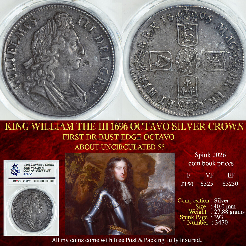 KING CHARLES THE II 1696 SILVER CROWN AU55