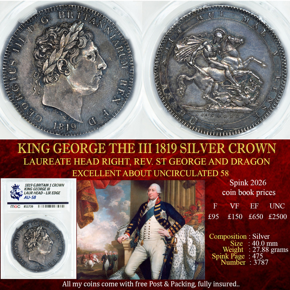 SUPERB KING GEORGE THE III 1819 CROWN AU58