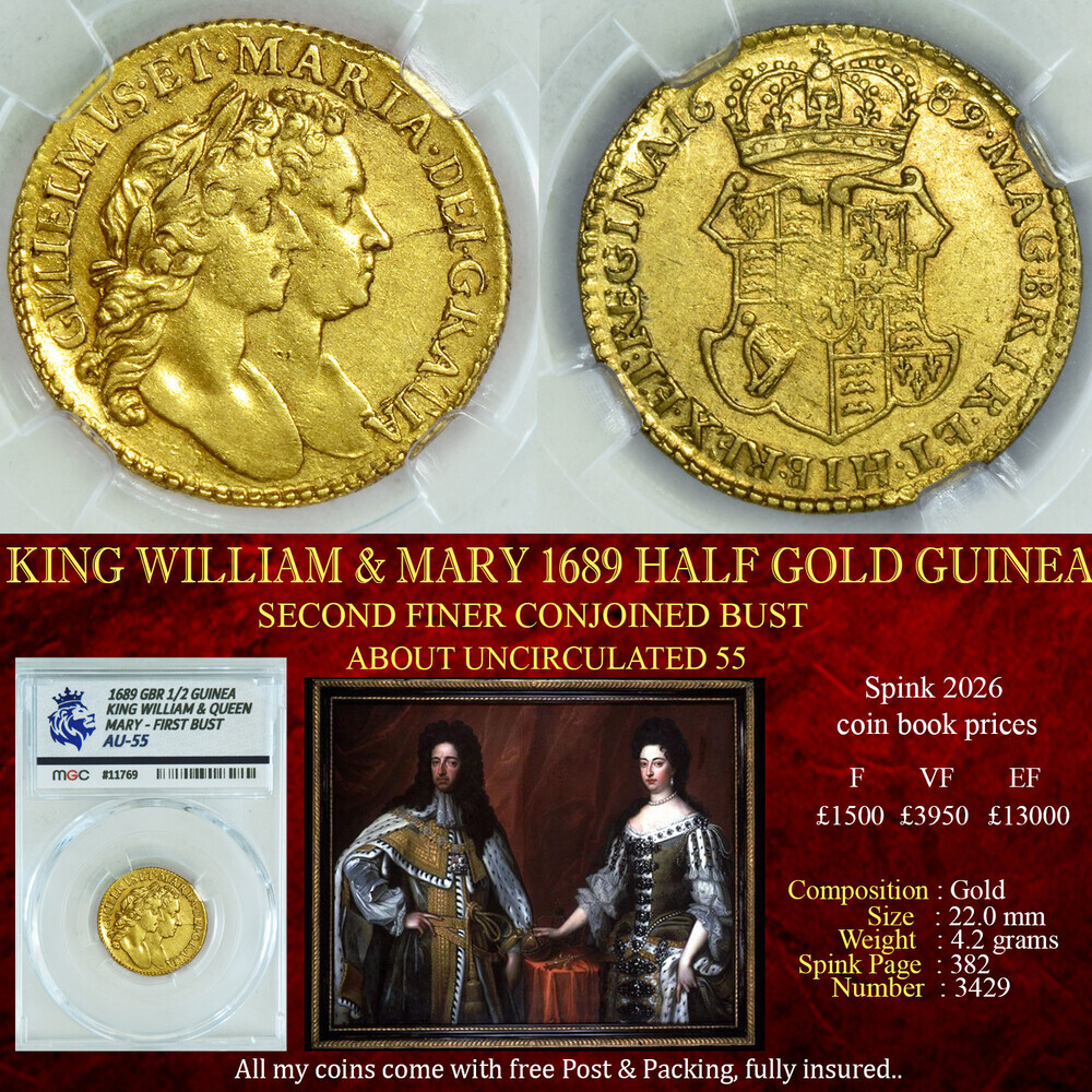 KING WILLIAM MARY 1689 HALF GOLD GUINEA AU55